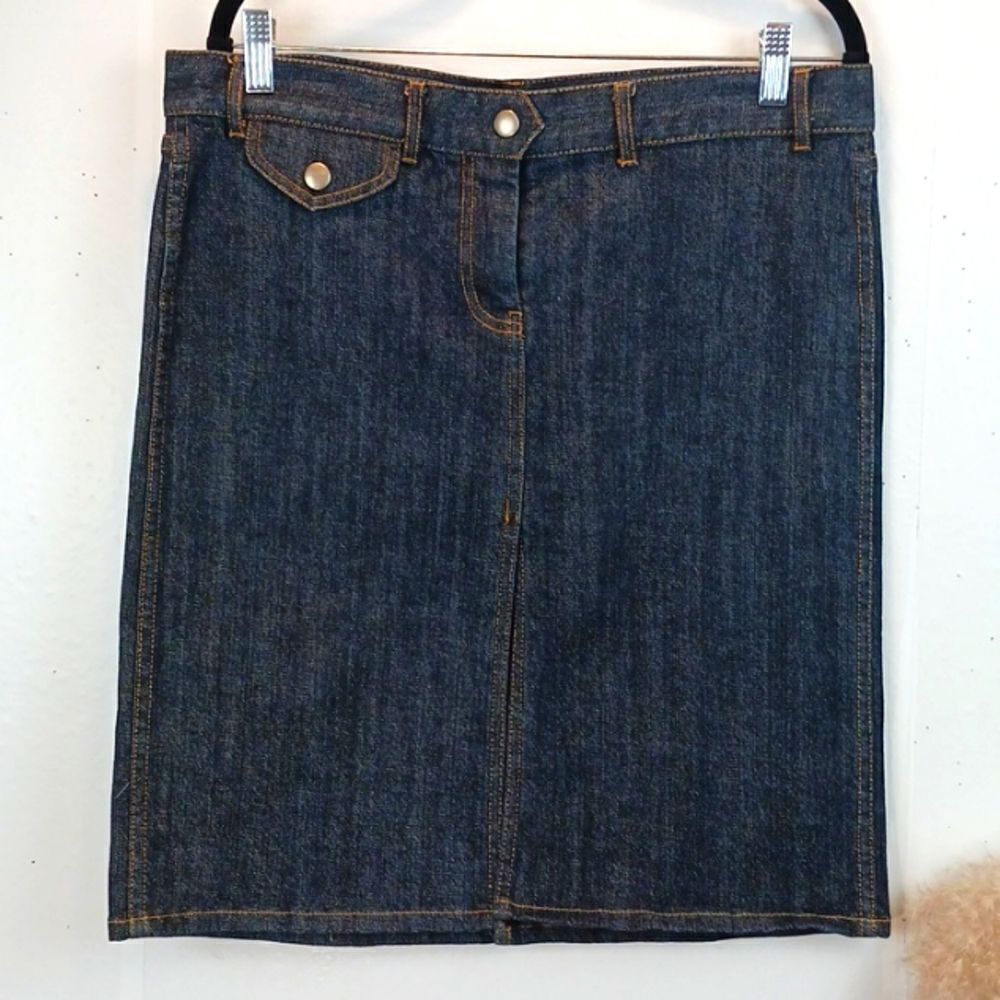 Y2K French Connection dark wash denim fitted skirt with front slit size 10